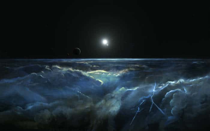 Cosmic Cloudscape with Distant Planets — desktop wallpaper