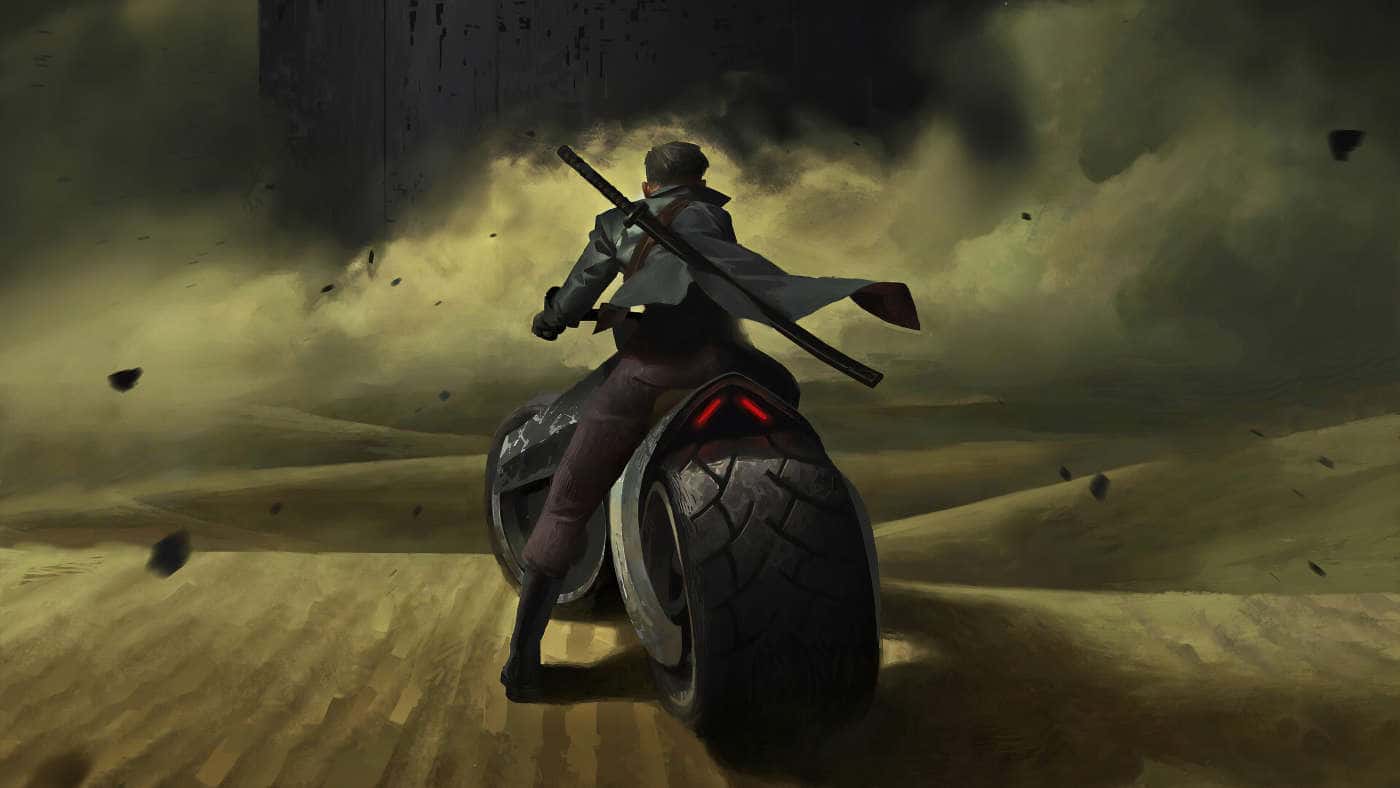 Desert Warrior on Futuristic Motorcycle — desktop wallpaper preview