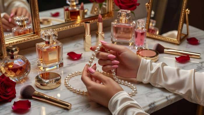 Elegant Vanity with Pearls and Perfume — desktop wallpaper