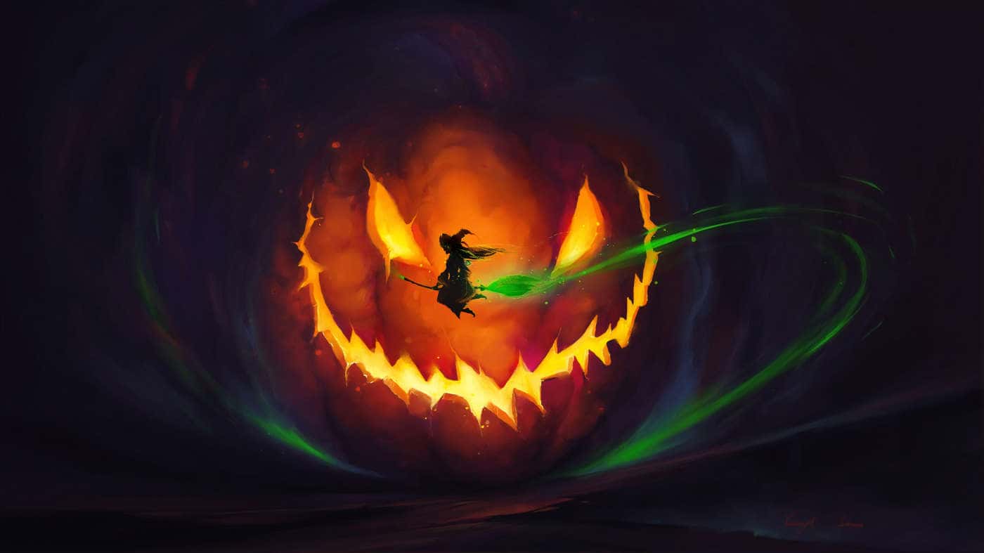 Halloween Witch and Glowing Pumpkin — desktop wallpaper preview