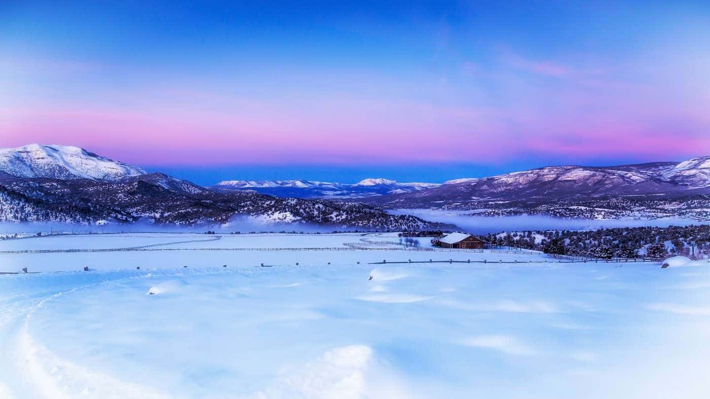 Vibrant Winter Sunset Mountain Valley — desktop wallpaper preview