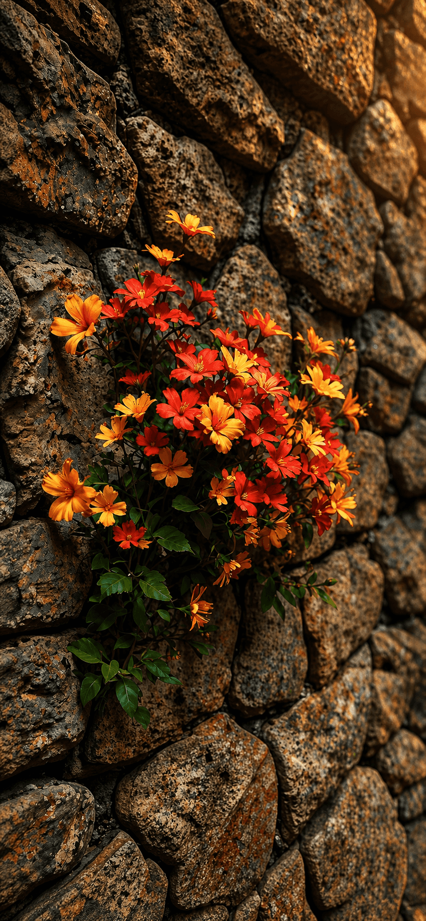 Vibrant Blooms on Rustic Stone Wall — phone wallpaper preview