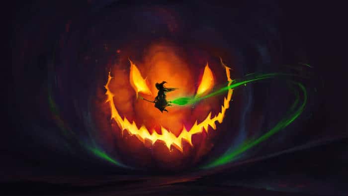 Halloween Witch and Glowing Pumpkin — desktop wallpaper