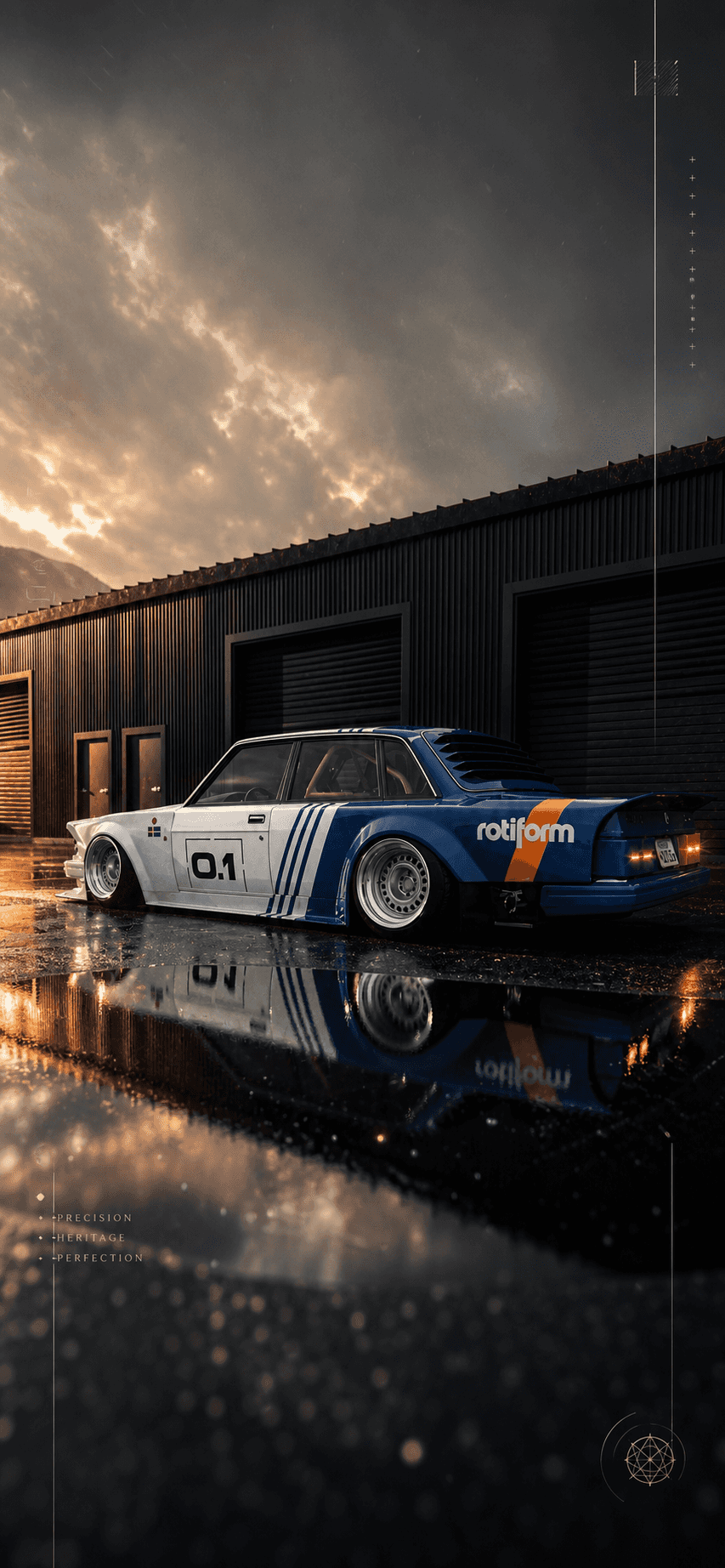 Stanced Race Car Sunset Reflection — phone wallpaper preview