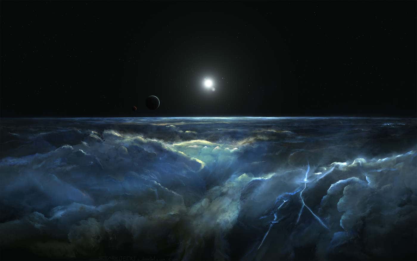 Cosmic Cloudscape with Distant Planets — desktop wallpaper preview